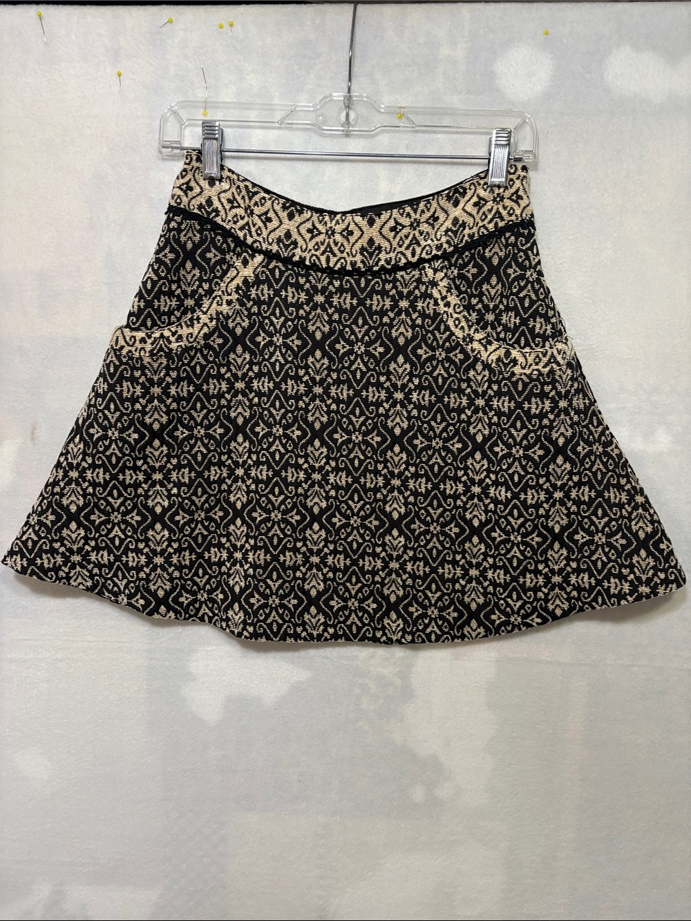 Free People Black and Cream Brocade Patterned Skater Skirt Size  4